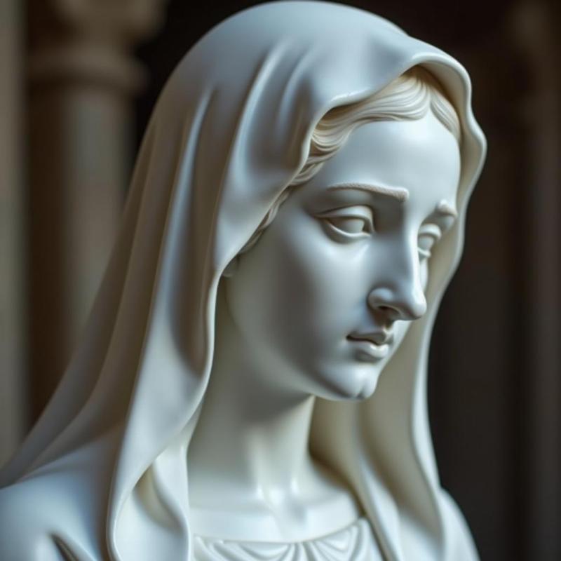 Tượng Đức Mẹ Sầu Bi bằng đá cẩm thạch trắng, nét mặt u buồn thanh thoát, đặt trong không gian tĩnh lặng